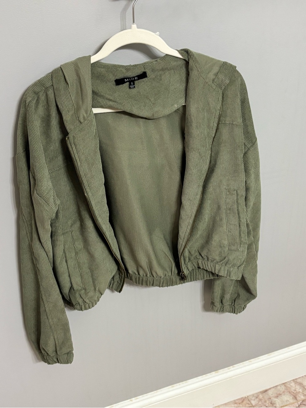 MINKPINK Olive Green Corduroy Hooded Bomber Jacket